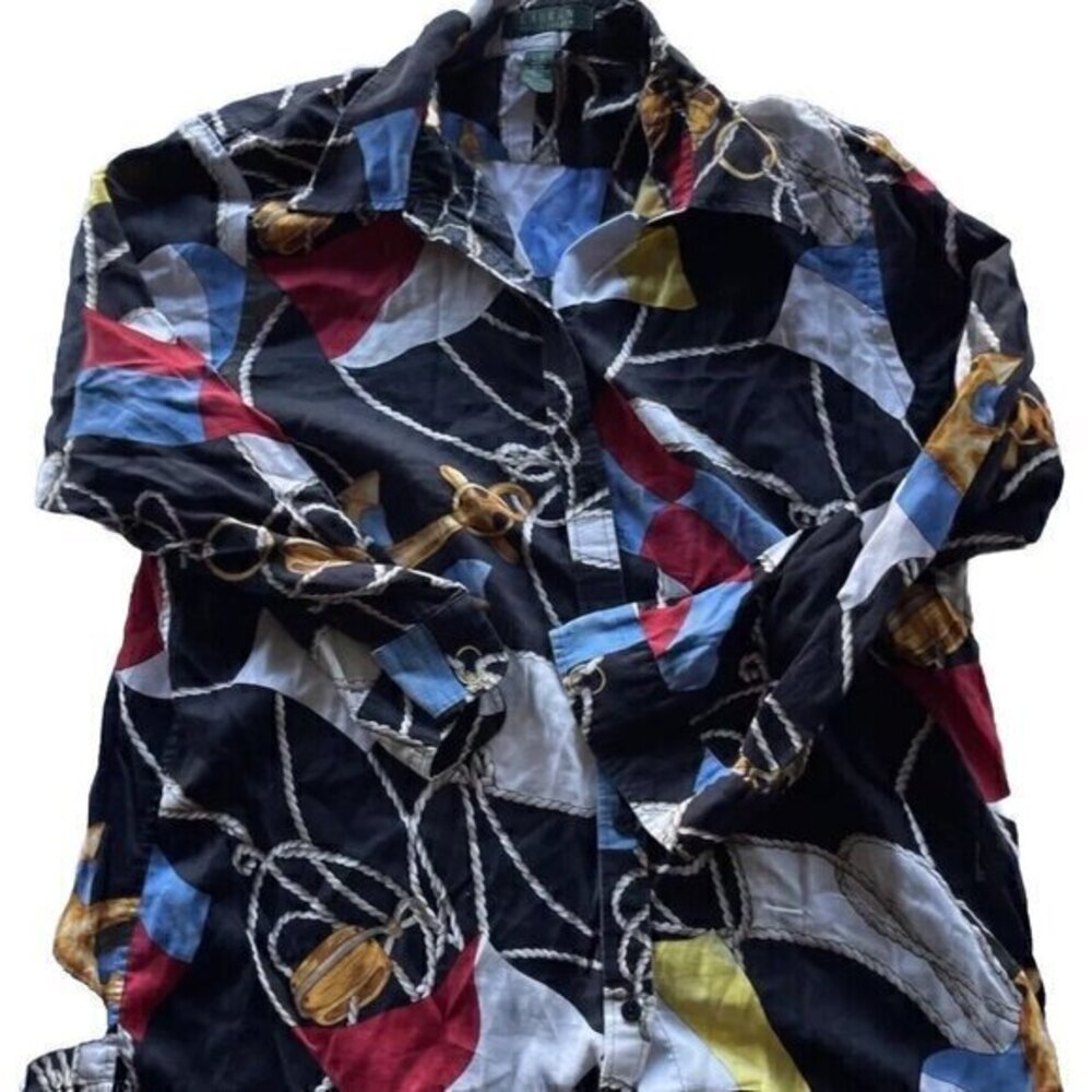 Lauren Ralph Lauren Women’s Sz M Nautical Sailing Flag Anchor Button Up Blouse